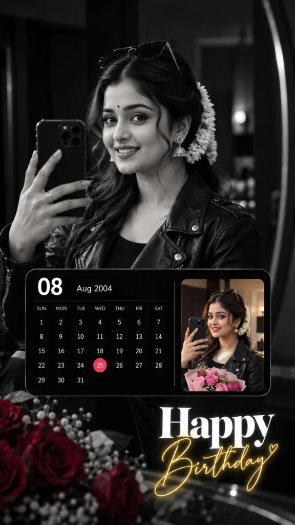 Cinematic B&W mirror selfie with glowing golden text and calendar widget overlay.
