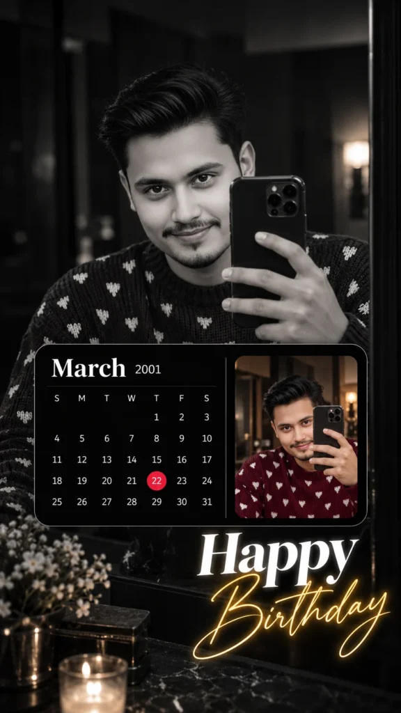 Premium Male B-Day Mirror Selfie Edit with March 2001 Calendar