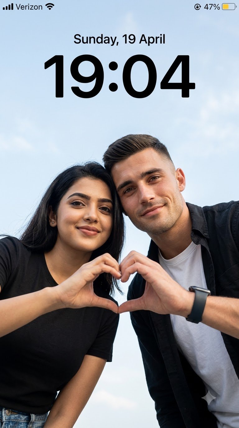 Cinematic Low-Angle Couple Portrait with Lockscreen UI