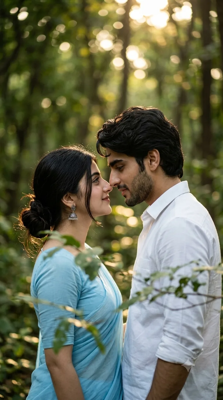 A medium close-up of a young Indian couple sharing an intimate gaze surrounded by natural green foliage and warm golden backlighting.