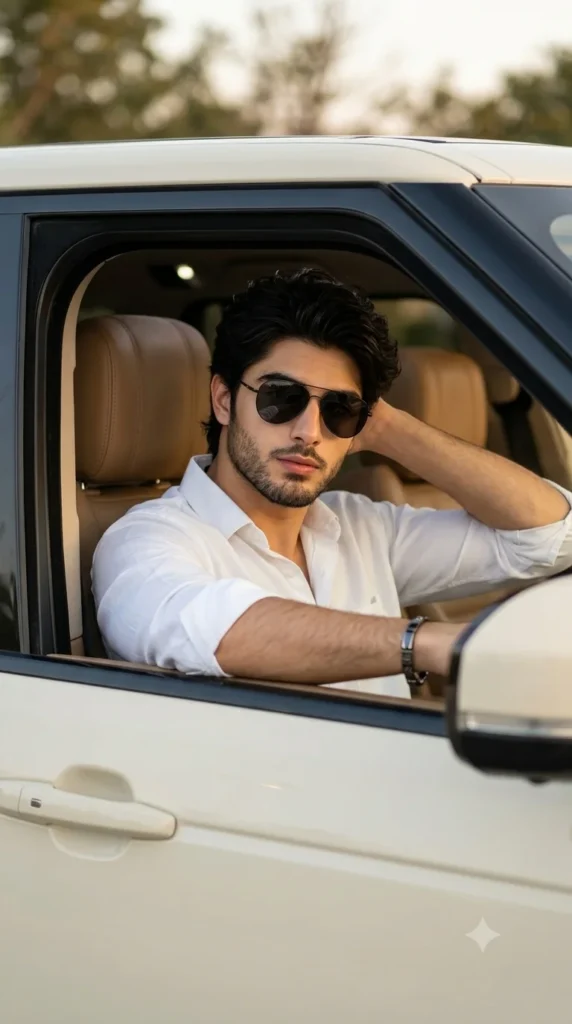 South Asian man in aviators and a white shirt framed by a cream SUV window.
