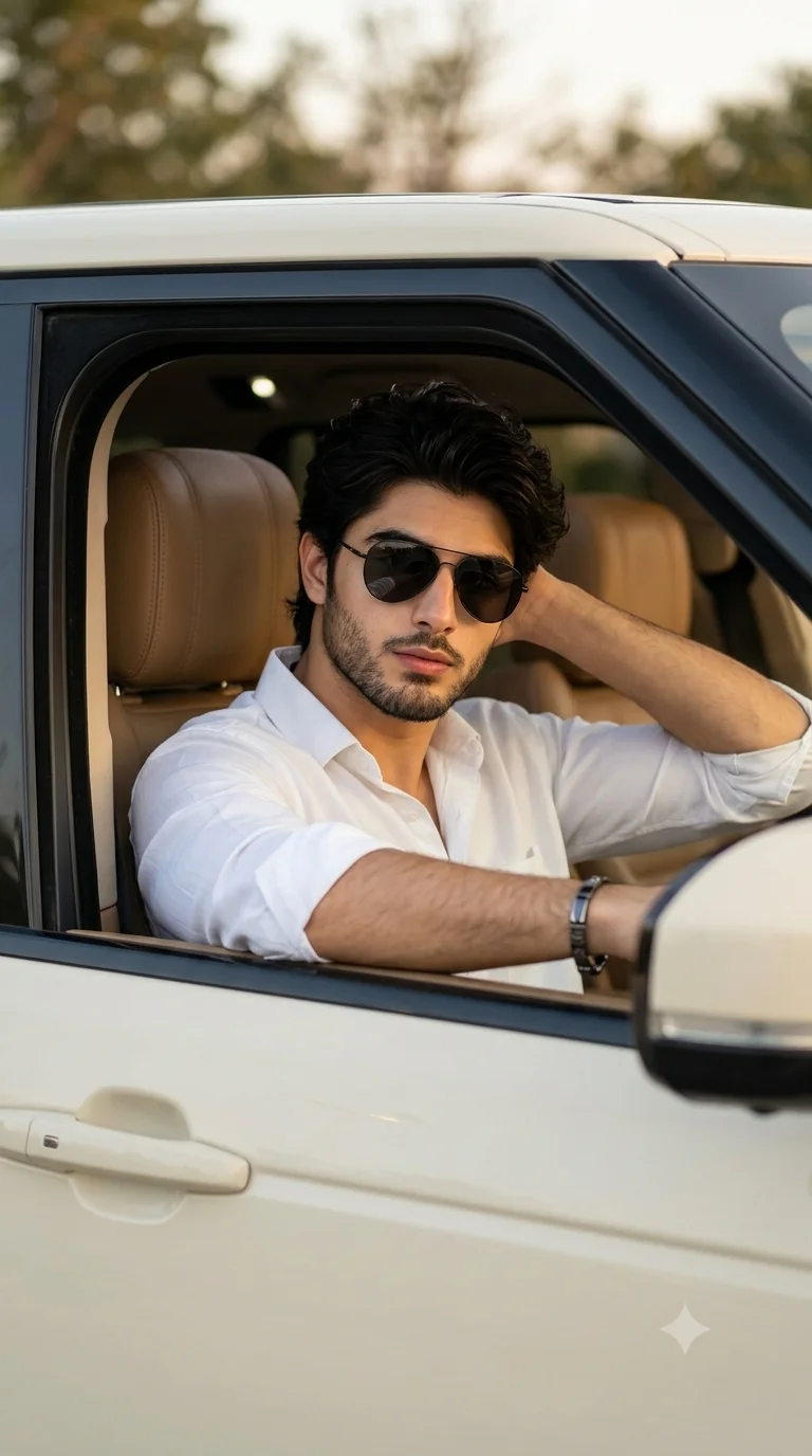 South Asian man in aviators and a white shirt framed by a cream SUV window.