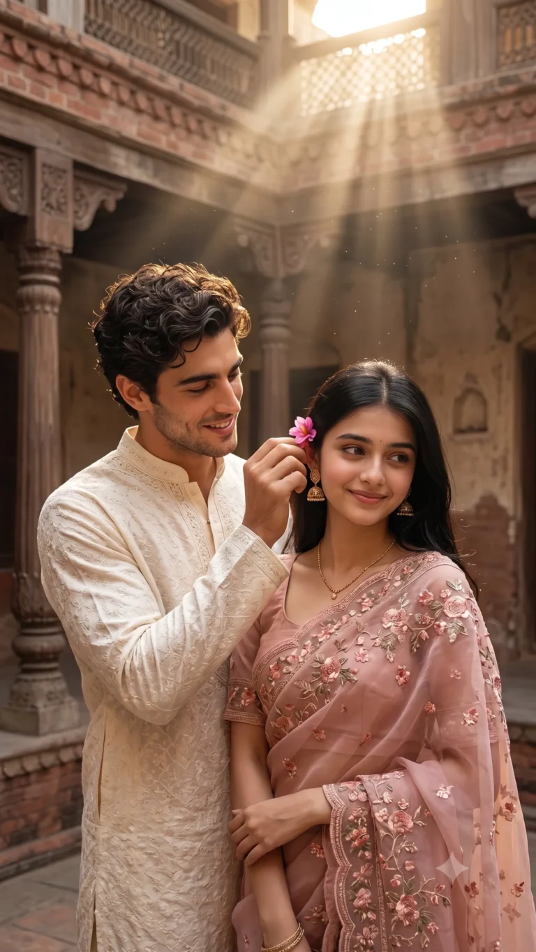 South Asian couple in traditional attire sharing a tender moment in a sunlit heritage home.