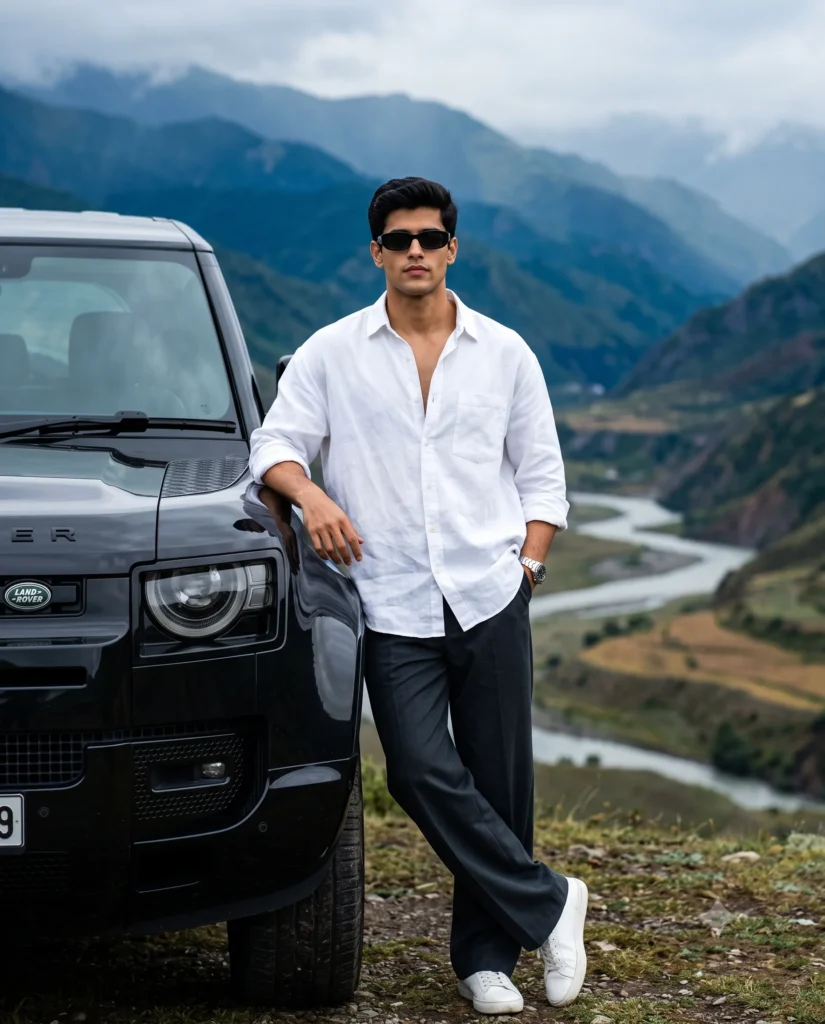 Man in white linen shirt leaning on a black SUV with misty mountains in the background.